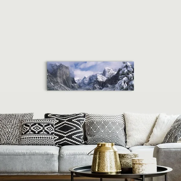 Mountains and Waterfall in Snow, Tunnel VIEW, El Capitan, Half Dome, Bridal Veil, Yosemite Nation..., Canvas Wall Art, 48x16