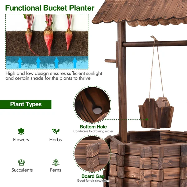Costway Outdoor Wooden Wishing Well Bucket Flower Plants Planter Patio Garden Home Decor