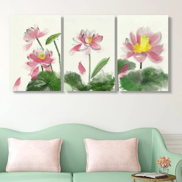 Wall26 3 Panel Canvas Wall Art Watercolor Painting Style Colorful Lotus Flower and Leaves Giclee Print Gallery Wrap Modern Home