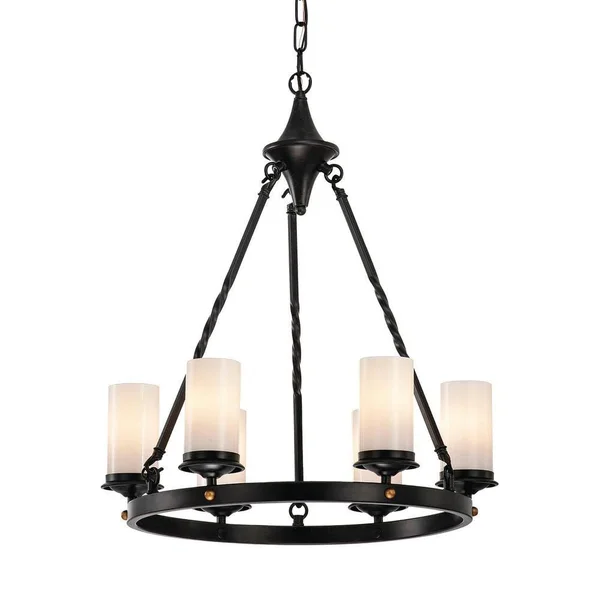 6-Light Antique Black Industrial Chandelier with White Glass Shade