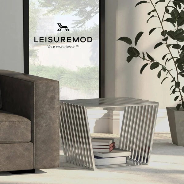 LeisureMod Trapezium Polished Stainless Steel Modern Slat Bench