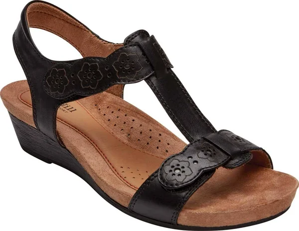 Cobb Hill Women's Hollywood T-Strap Wedge Sandal Black Leather 6