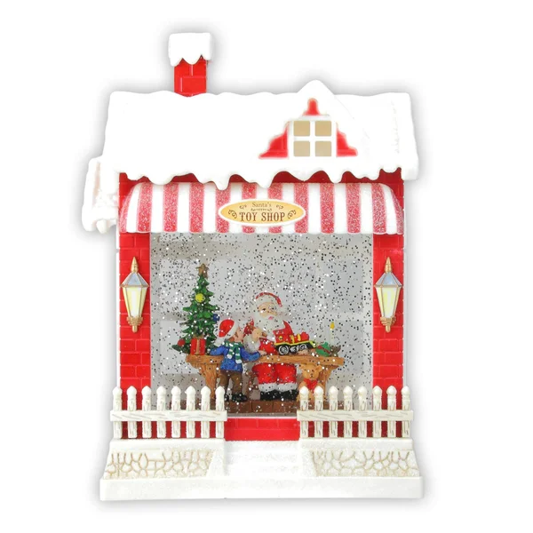 Raz 10 LED Glittered Red and White Santas Toy Shop Christmas Building