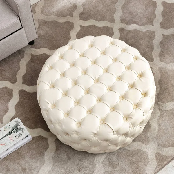 KINWELL 35.4 in. Beige Round Cocktail Ottoman