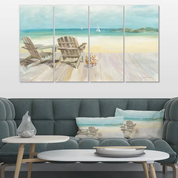 Designart 'Seaside Morning No Window' Coastal Gallery-Wrapped Canvas - 48 in. Wide x 28 in. High - 4 Panels