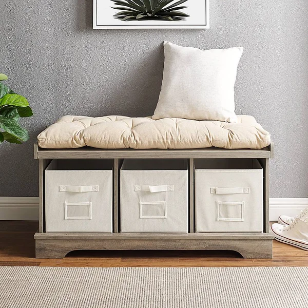 Walker Edison - Rustic Farmhouse Entryway Storage Bench with Totes - Gray Wash
