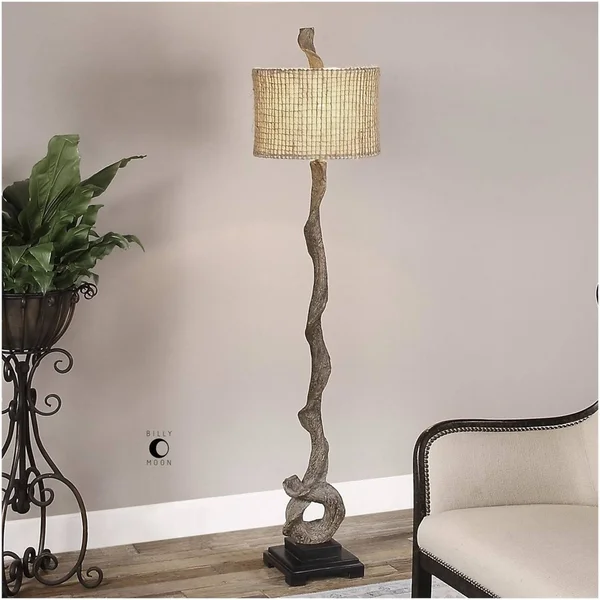 Diva at Home 70x22 Weathered Driftwood Floor Lamp with Beige Burlap Twine Round Drum Shade