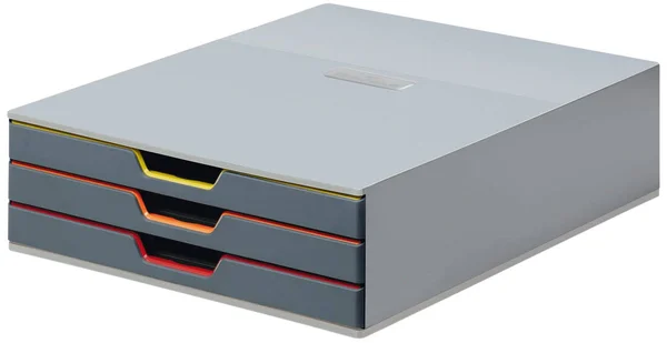 Durable Desktop Drawer Organizer (VARICOLOR 3 Compartments with Removable Labels) 11x22 W x 14x22 D x 3.75x22 H - Gray & Mult