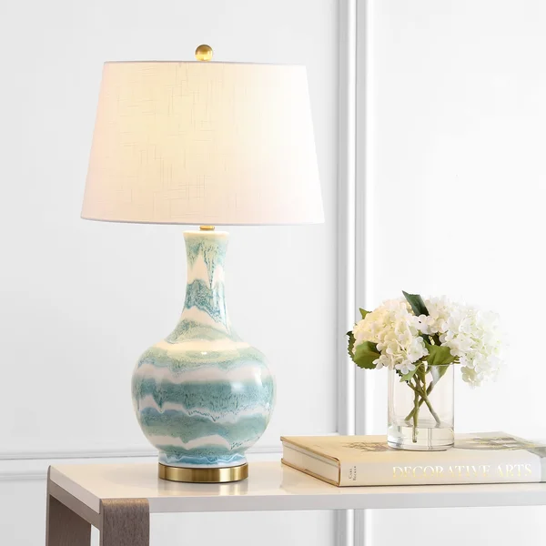 Jonathan Y Tucker 30.5 in. Green/White Striped Ceramic/Metal LED Table Lamp