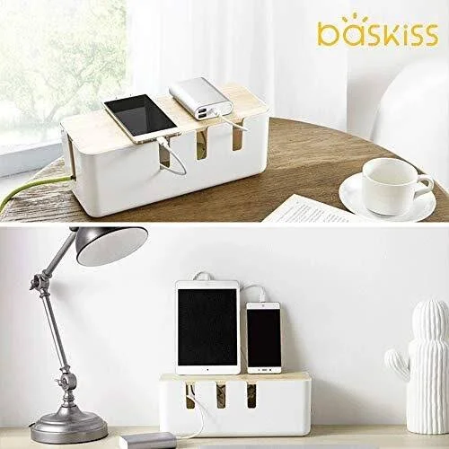 Cable Management Box by Baskiss, 12x5x4.5 Inches, Wood Lid, Cord Organizer for Desk TV Computer USB Hub System to Cover and Hide