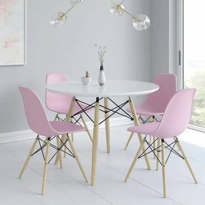 5 - Piece Dining Set George Oliver Table Base Color: Natural, Chair Color: Pink/Natural