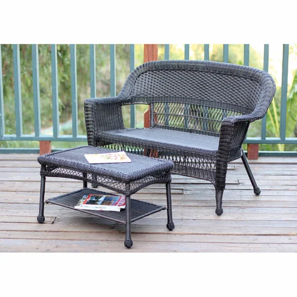 Jeco W00201-LCS016 Espresso Wicker Patio Love Seat and Coffee Table Set with Orange Cushion