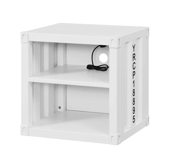 Benzara Metal Nightstand with 2 Open Compartment and USB Port, White