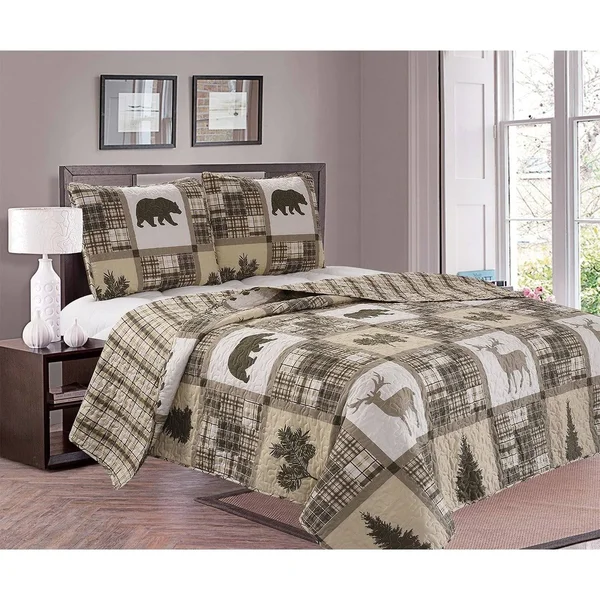 Great Bay Home Stonehurst Lodge Reversible Quilt Set Full, Queen Chocolate, Green