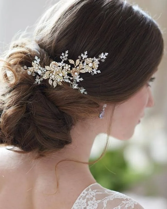 DarethColburnDesigns Crystal Bridal Hair Clip, Floral Wedding Hair Piece, Bridal Headpiece, Rose Gold Hair Comb, Flower Crystal