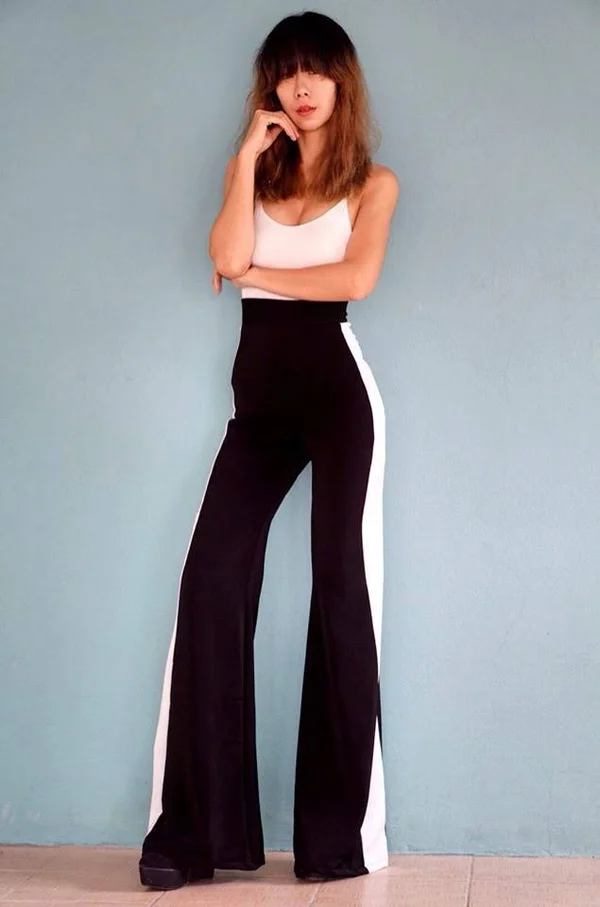 Women's Black with White Striped Casual Wide Leg Pants High Waisted, Vintage 70s fashion/Casual/Urban Pants.