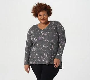 Logo Lounge by Lori Goldstein Printed CloudWaffle Knit Top, Size Large, Black