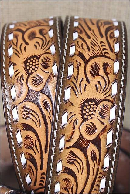 3D Belt Mens Western Buckstitch Floral Leather Brass Natural 3870
