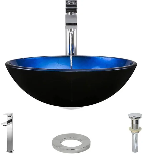 Rene R5-5008-R9-7003-C Foil Undertone Glass Vessel Sink with Chrome Vessel Faucet, Sink Ring, and Vessel Pop-Up Drain