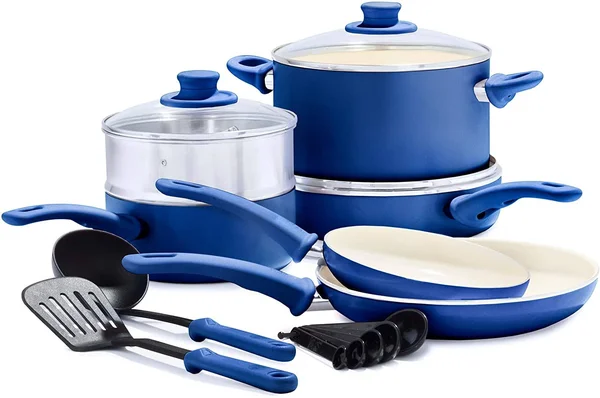 Greenlife Soft Grip Healthy Ceramic Nonstick Blue Cookware Pots and Pans Set - 12-Piece