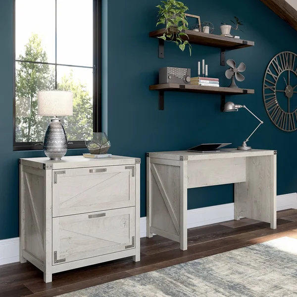 Kathy Ireland Home Cottage Grove 48W Farmhouse Writing Desk with 2 Drawer Lateral File Cabinet - Cottage White