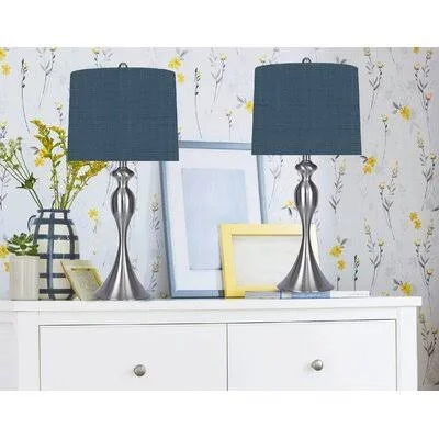 Pennsylvania 27x22 Table Lamp Set Rosdorf Park Base Color: Brushed Nickel - Shade Color: Navy Blue