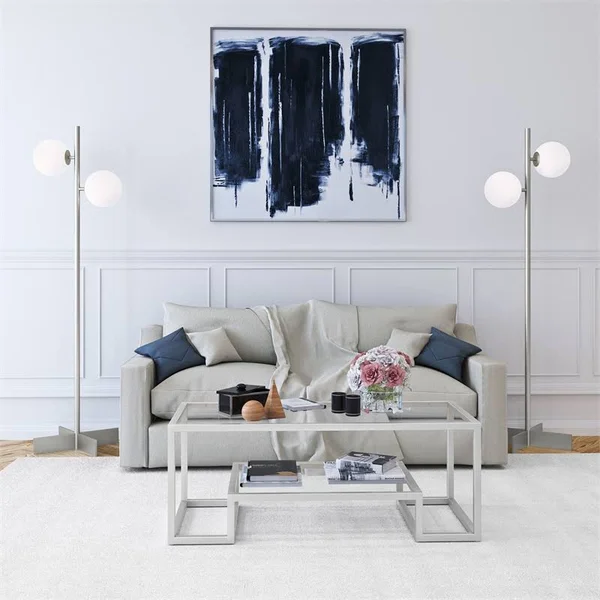 Pemberly Row 2-Light Metal Nickel and Gray Floor Lamp with Glass Orb Shade - PR-4753-1922595