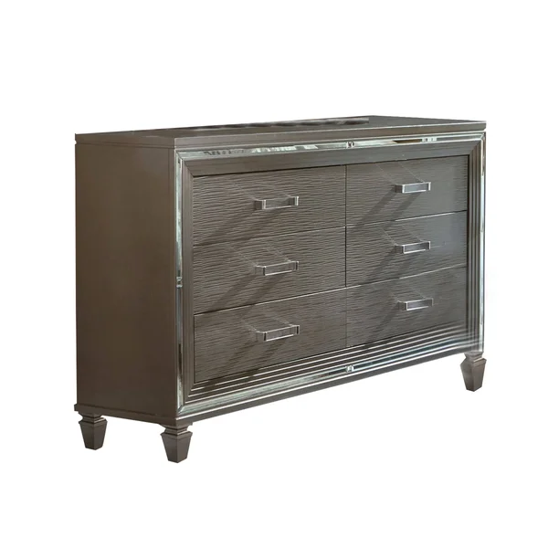 Textured Front 6 Drawer Dresser with Beveled Mirror TRIM - Silver