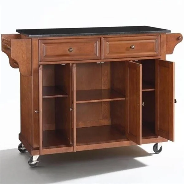 Bowery Hill Solid Black Granite Top Kitchen Cart in Classic Cherry