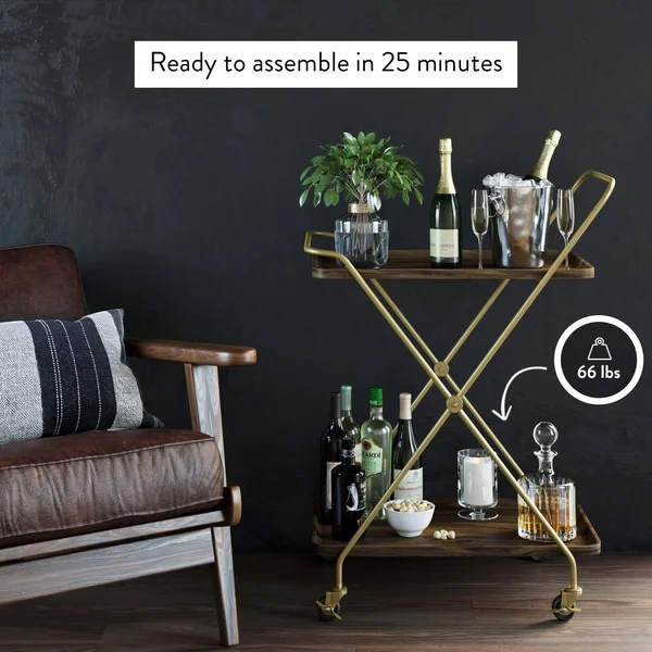 Nathan James Hallie Retro 2-Tray Beige Mid-Century with Black Metal Finish Rolling Bar Cart or Serving Cart