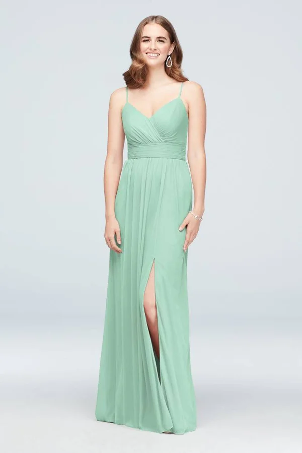 David&s Bridal Spaghetti Strap Ruched Waist Mesh Bridesmaid Dress - Juniper (Green) - 12