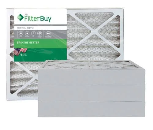 AFB Silver MERV 8 25x28x4 Pleated AC Furnace Air Filter. Pack of 4 Filters. 100% produced in The USA.