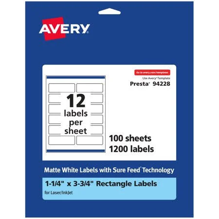 Avery Matte White Rectangle Labels - 1.25 inch x 3.75 inch, 1, 200 Labels, Size: 1.25 x 3.75