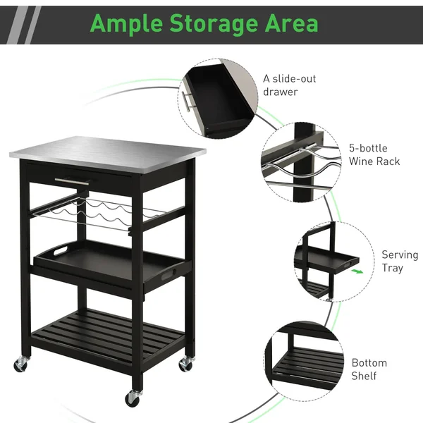 HOMCOM Kitchen Utility Cart Pine 3-Tier Multifunction Kitchen Rolling Island Cart with Open Storage Shelves Wine Rack & Stai