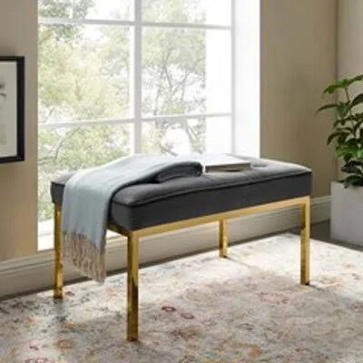 Neher Faux Leather Bench Orren Ellis Color: Gold/Gray - Size: 17.5x22 H x 34x22 W x 20x22 D
