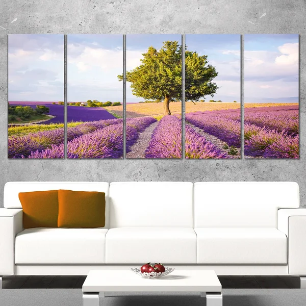 Design Art 'Lonely Green Tree in Lavender Field' Photographic Print on Wrapped Canvas