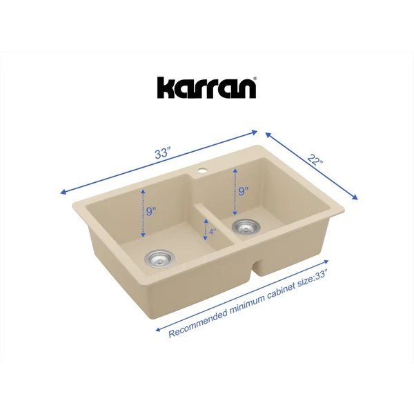 Karran 33x22 Drop In/Topmount Quartz Composite Kitchen Sink, 60/40 Double Bowl, White, QT-811-WH