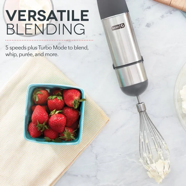 Dash Chef Series Immersion Hand Blender - 5 Speed Stick Blender with Stainless Steel Blades, Whisk Attachment and Recipe Guide Pi