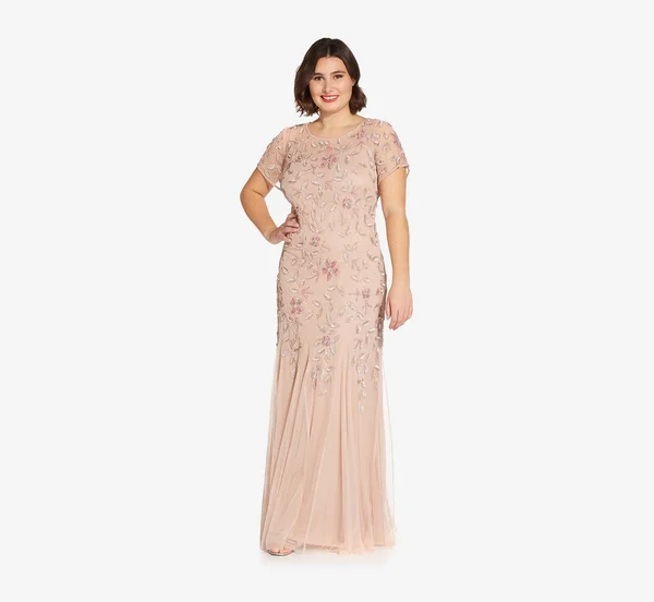 Adrianna Papell Hand Beaded Short Sleeve Floral Godet Gown - Blush, Size: 22