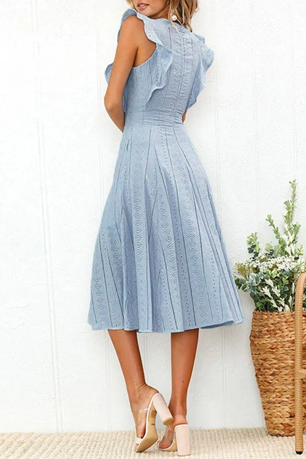 Elegant Flounce Lace Design Mid Calf Dress(2 Colors) XL - Blue