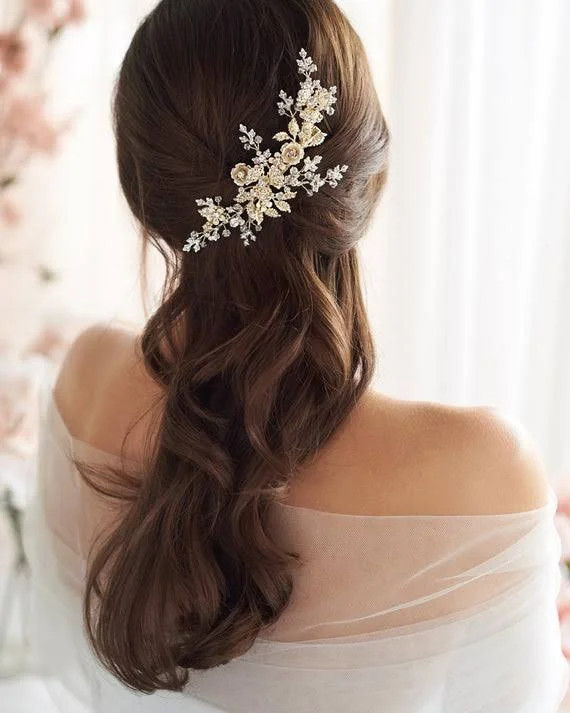 DarethColburnDesigns Crystal Bridal Hair Clip, Floral Wedding Hair Piece, Bridal Headpiece, Rose Gold Hair Comb, Flower Crystal
