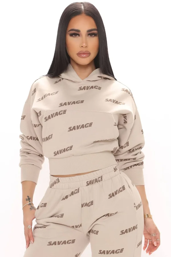 Womens on Repeat Savage Cropped Hoodie in Taupe Size Small by Fashion Nova