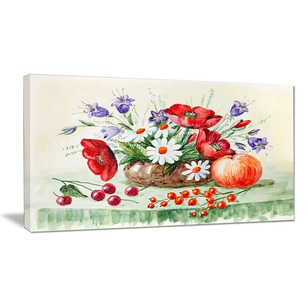Design Art Colorful Bunch of Flowers and Fruits - Floral Canvas Art Print - Green, 32 in. Wide x 16 in. High