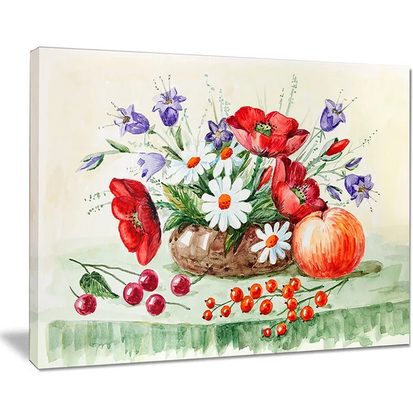 Design Art Colorful Bunch of Flowers and Fruits - Floral Canvas Art Print - Green, 32 in. Wide x 16 in. High