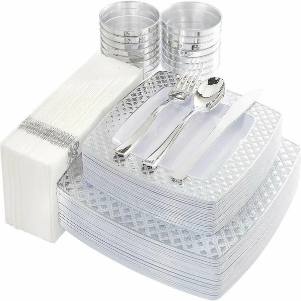 IOOOOO 175PCS Silver Plastic Square Plates with Disposable Silverware & Cups & Napkins, Silver Diamond Tableware 25 Dinn