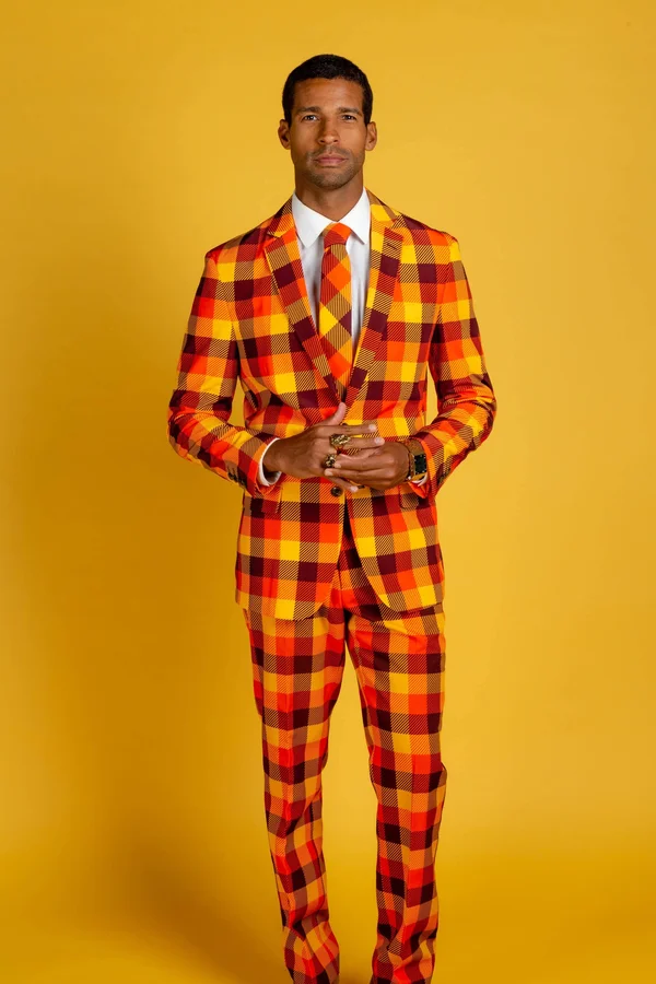 that 70s Suit, Thanksgiving Plaid Suit, Size 36, Orange, Shinesty
