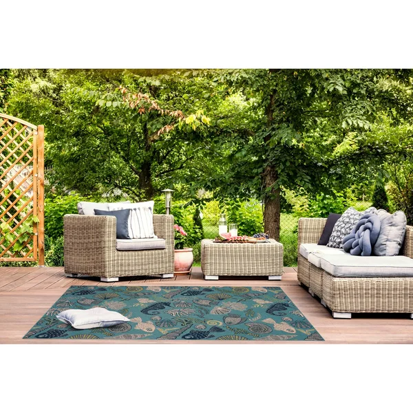Gad Premium Indoor Outdoor Contemporary Ocean Marine Life Area Rug (7&10 inchx 10&2 inch) Teal, Beige, Green & Navy Blue Coa