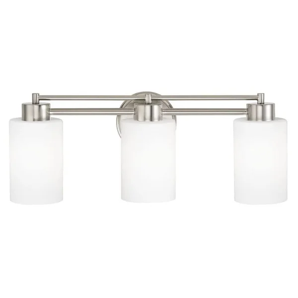Modern Bathroom Light with White Glass in Satin Nickel Finish