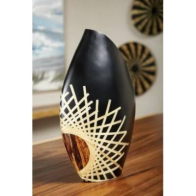 Treva Glazed and Bamboo Inlay Banana Wood Floor Vase World Menagerie