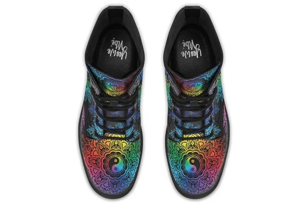 Colorful Yin Yang Boots, Black Mandala Vegan Boots, YesWeVibe Men's Boots, Black Sole, US 3, EU35
